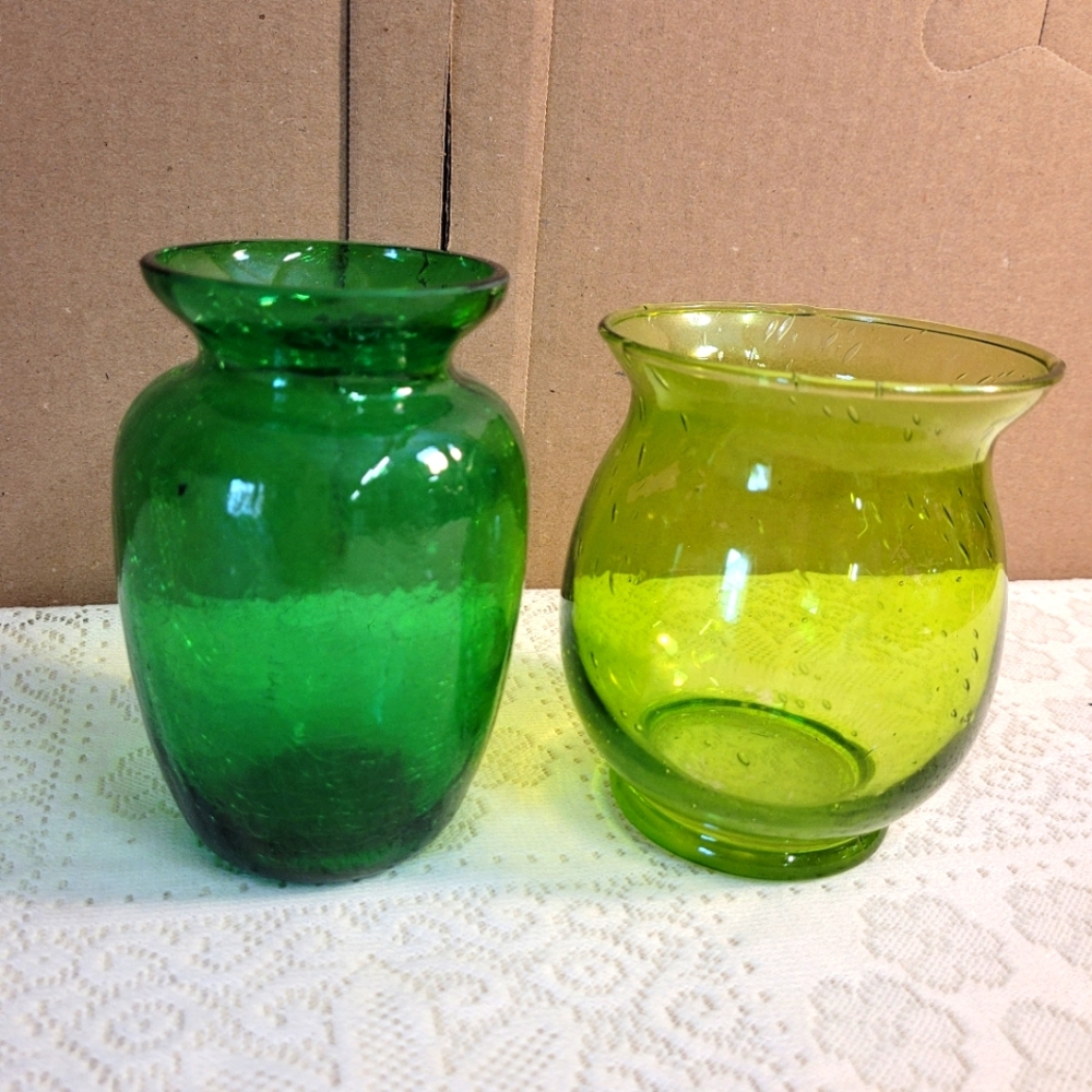 Vase Set Vintage Green Glass Small Pair